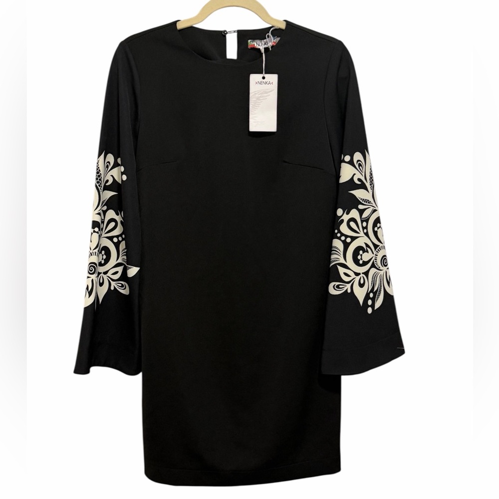NENKA Black Dress with White Sleeve Embellishments